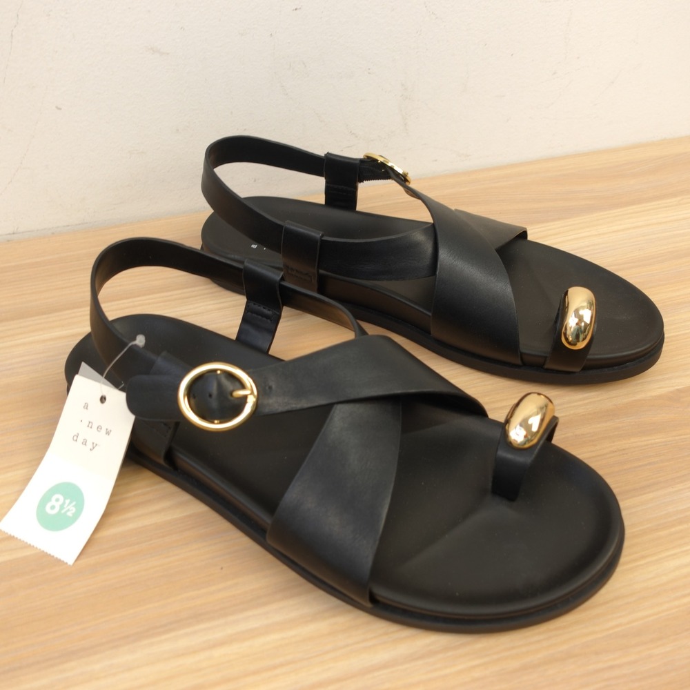 Y2K Minimalist Black Flat Sandals Womens 8.5 Toe Ring Strappy Buckle A NEW DAY
